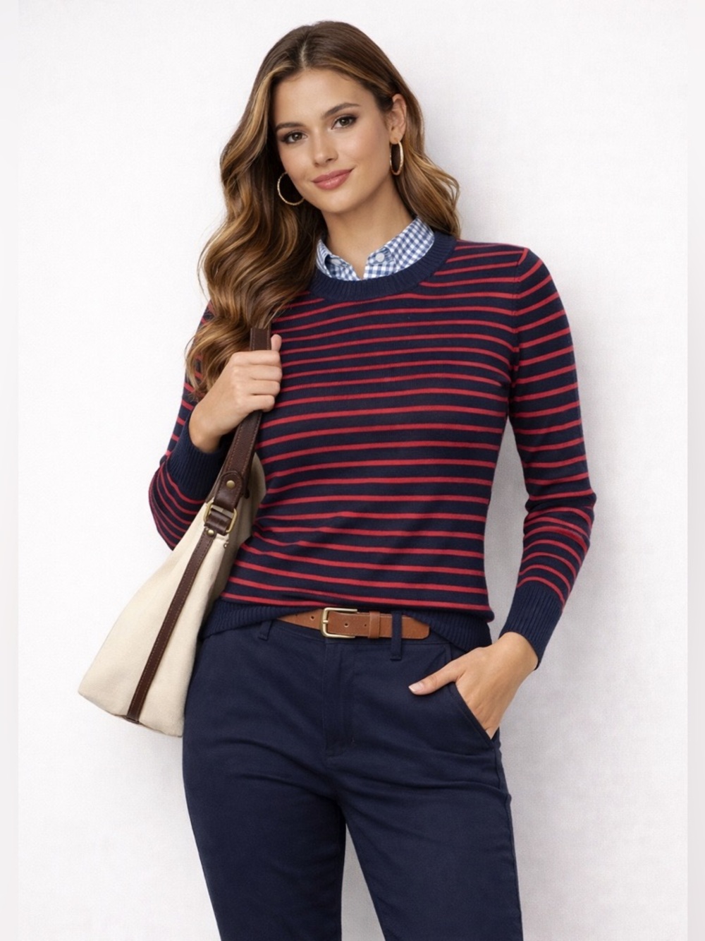 French Connection Striped Crew Neck Raglan Sweater Womens Medium Navy‎ Blue Red